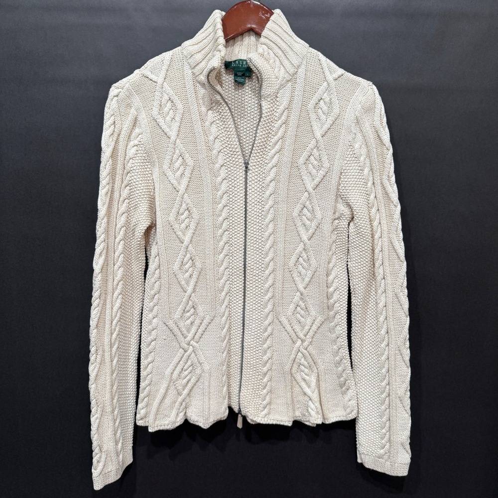Lauren Ralph Lauren Cream Cable Knit Full Zip Mercerized Cotton Sweater Large